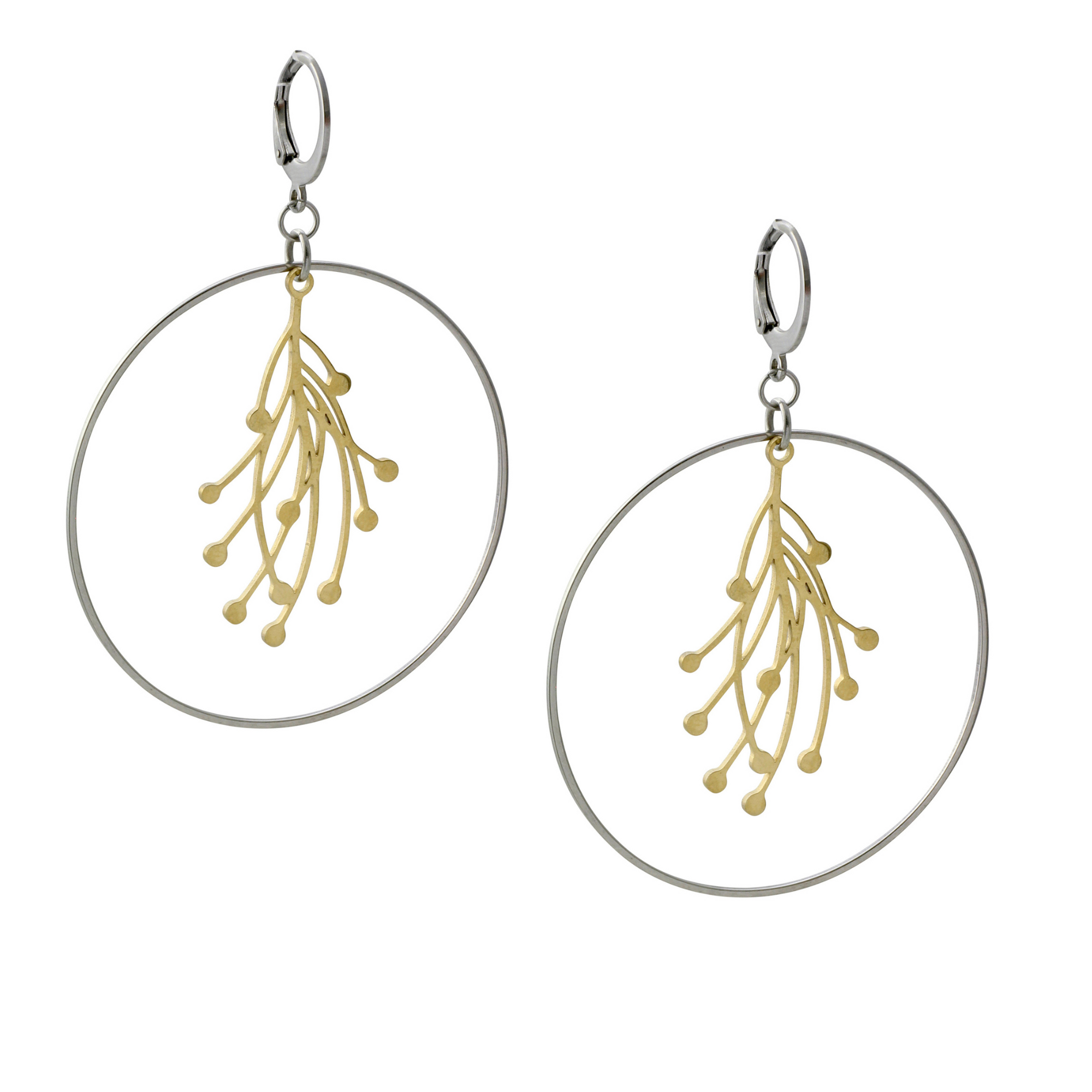Waterproof "Imperméable” Branch Hoop Leverback Earrings - Mixed Metal