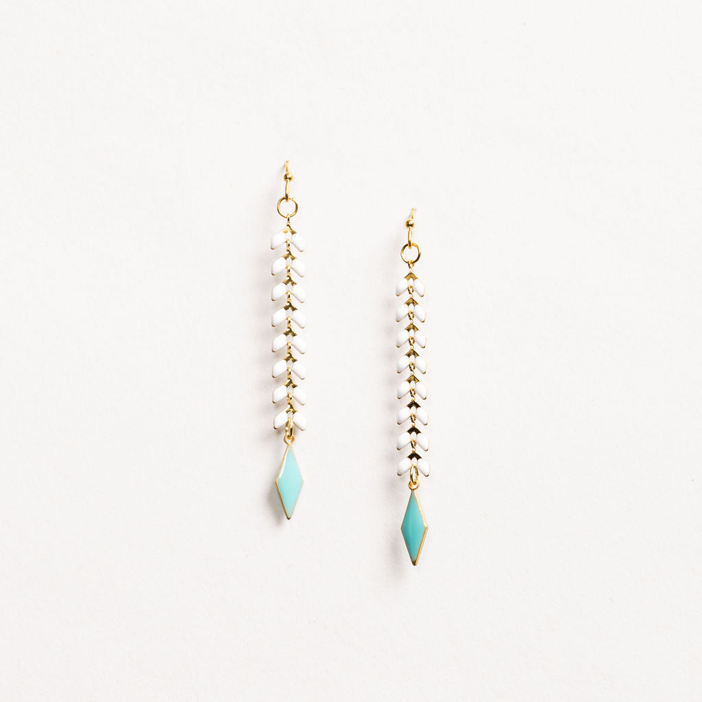 Waterproof "Imperméable” Elara White Enamel & Chevron Dangle Earrings