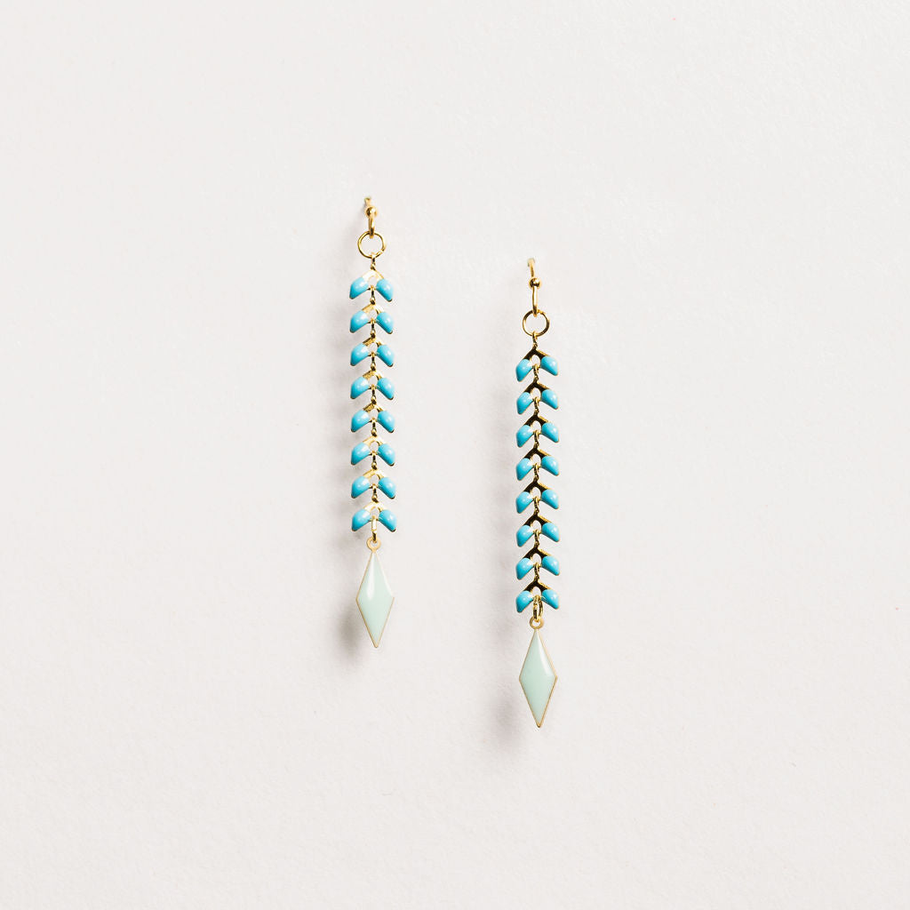 Waterproof "Imperméable” Elara Blue Enamel & Chevron Dangle Earrings