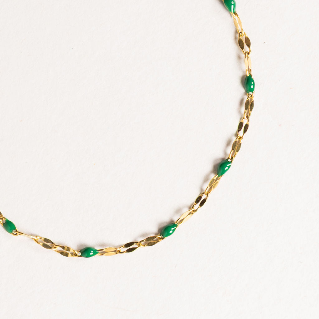 Waterproof "Imperméable” Aria Leaf Green Enamel Marquise Chain Bracelet