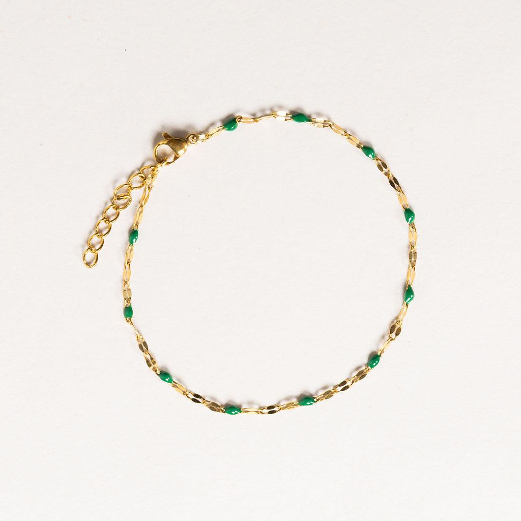Waterproof "Imperméable” Aria Leaf Green Enamel Marquise Chain Bracelet