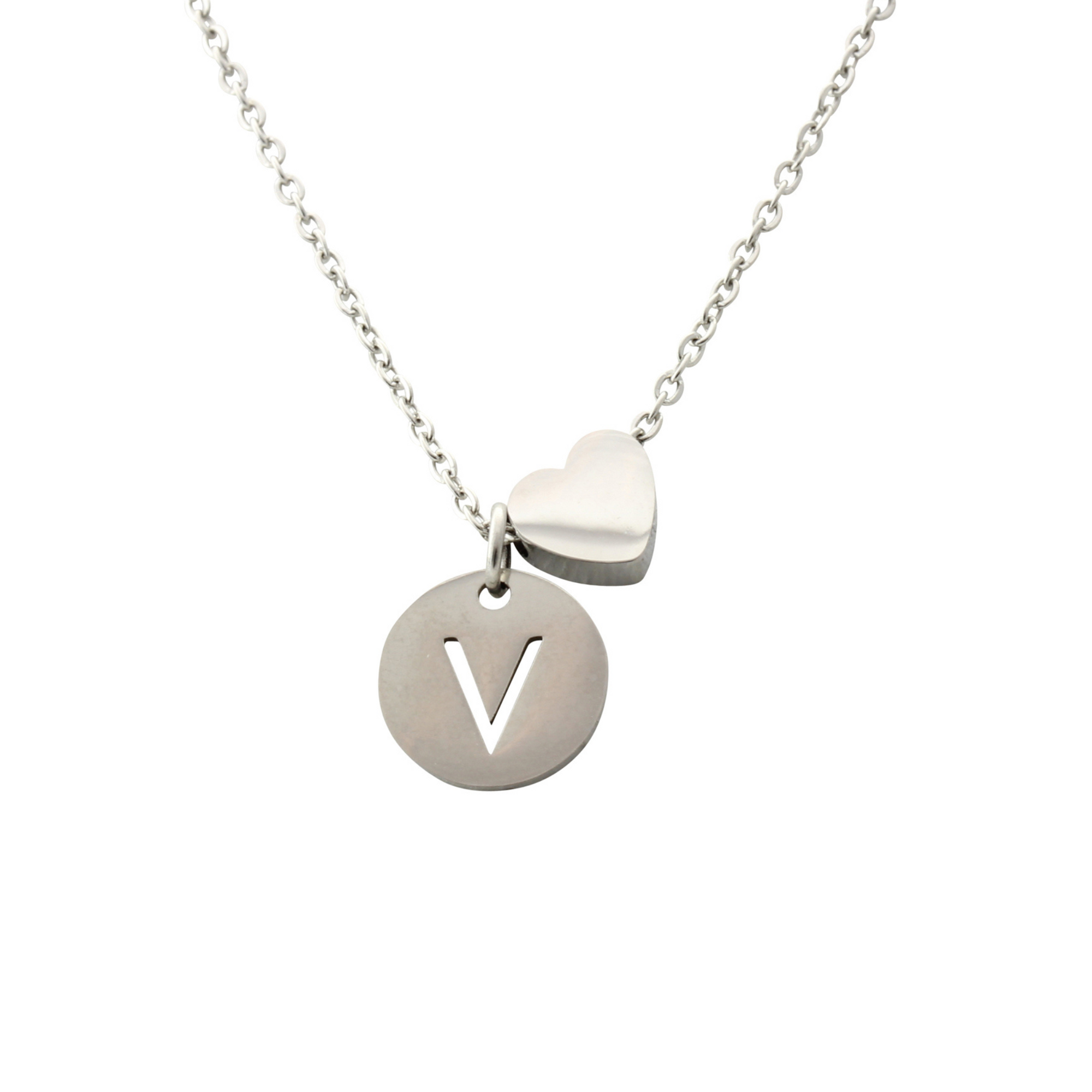 "Imperméable” Waterproof Personalized Initial Necklace with Heart - Silver/Silver