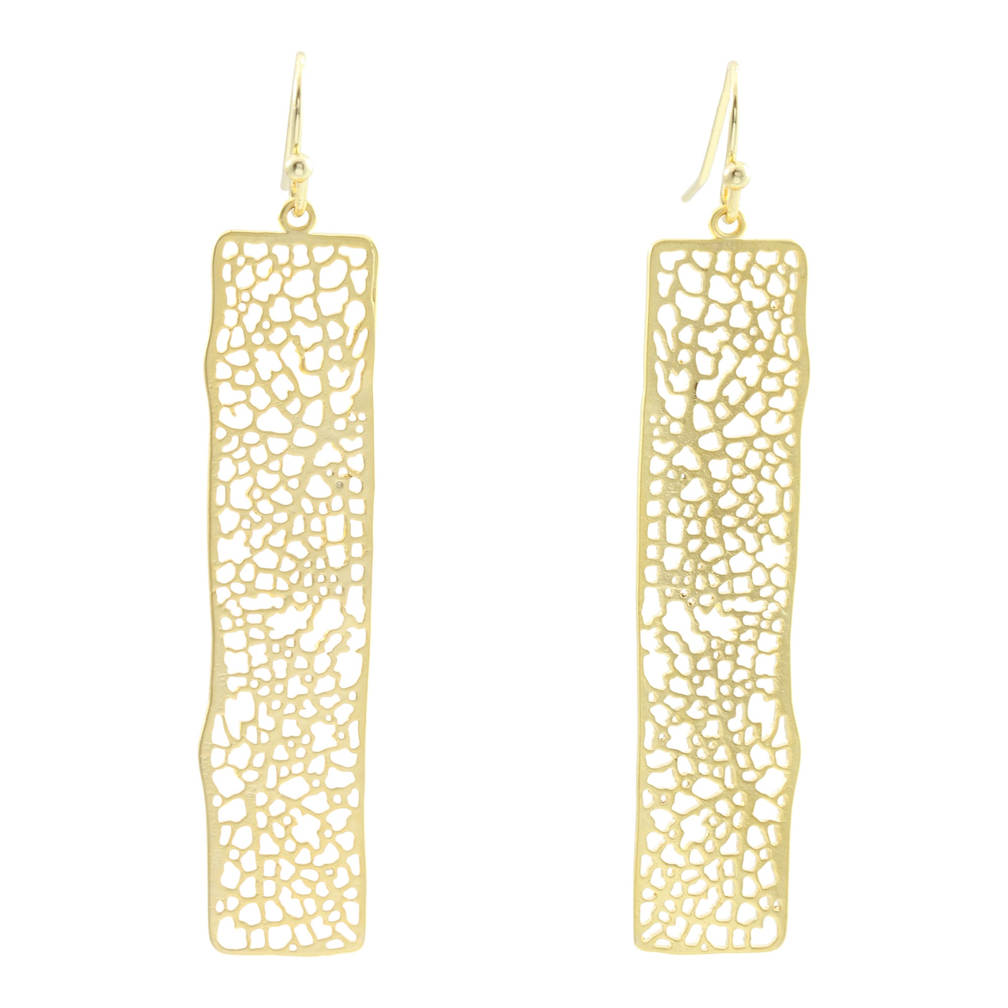 "L'Or" Matte Gold Long Filigree Rectangular Earrings