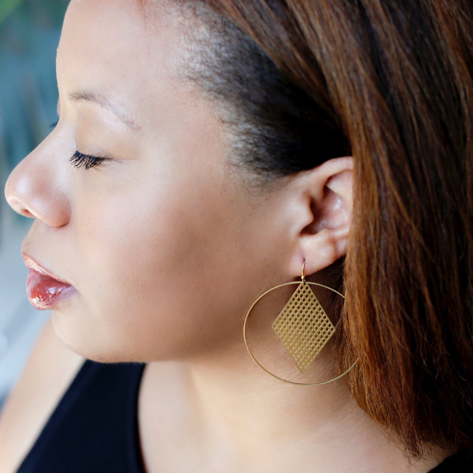 "Le Motif" Black Large Drop Hoop Earrings with Charm