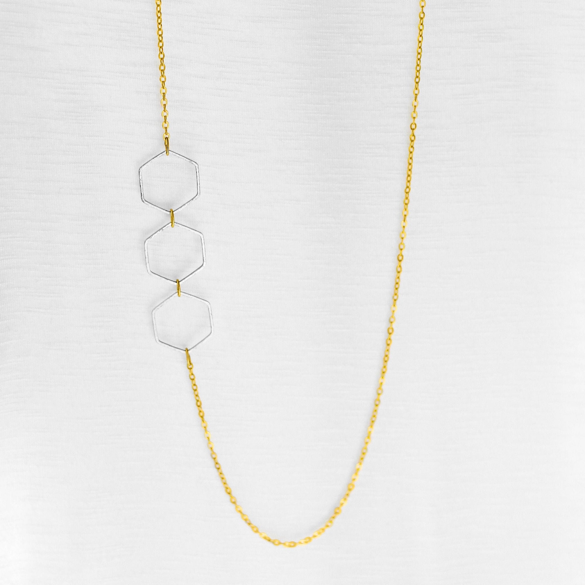 "Le Contour" Honeycomb Hexagon Gold & Silver Long Necklace