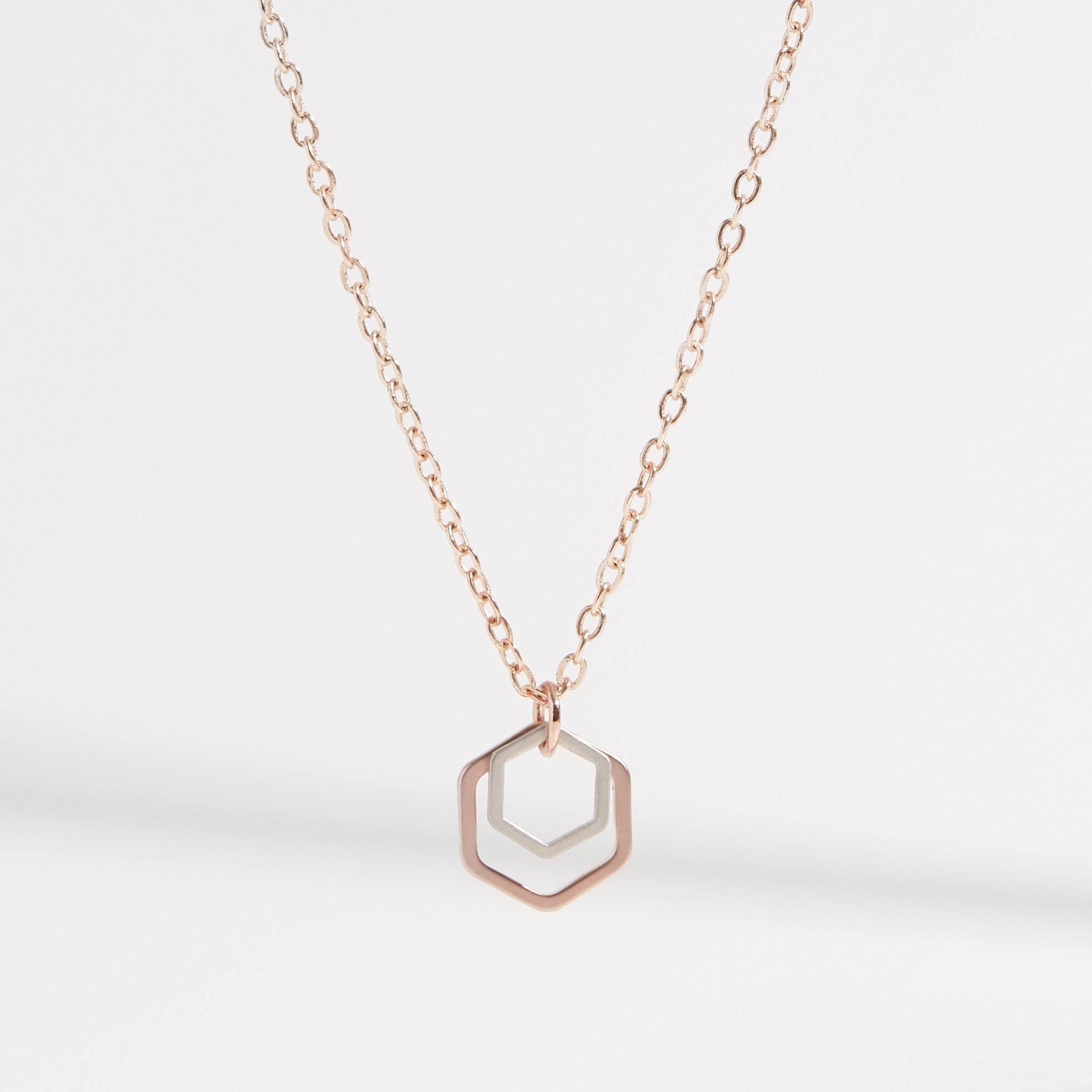 "Le Contour" Mini Hexagon Rose Gold and Silver Mixed Metal Necklace
