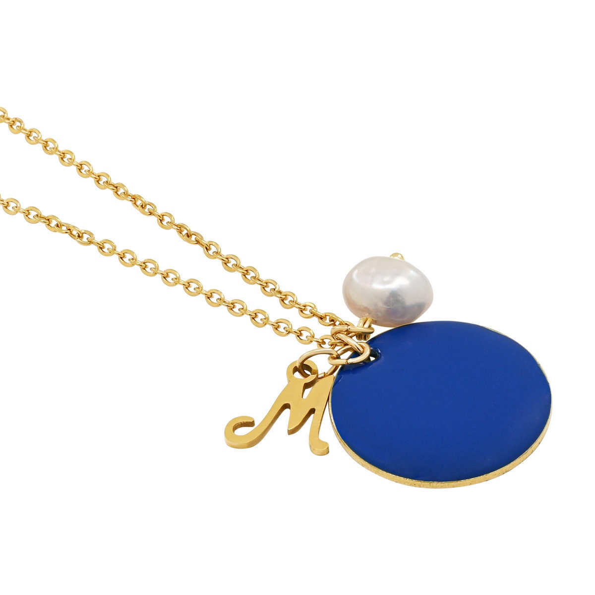"Le Délice" Waterproof "Imperméable” Personalized Initial Enamel and Pearl Script Necklace - Blue