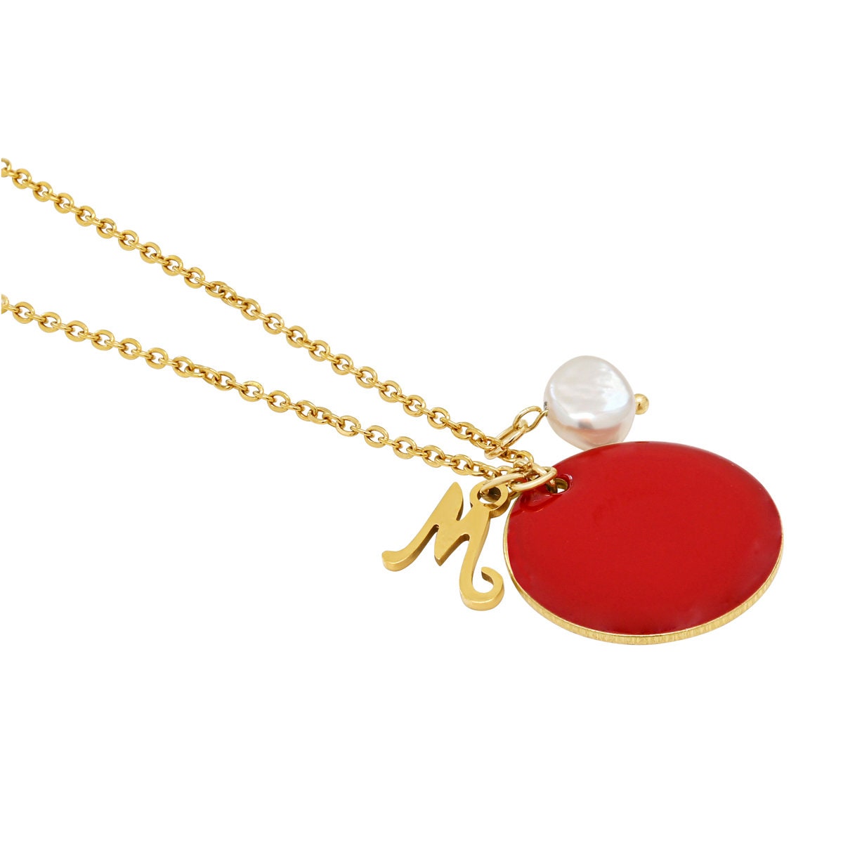 "Le Délice" Waterproof "Imperméable” Personalized Initial Enamel and Pearl Script Necklace - Red