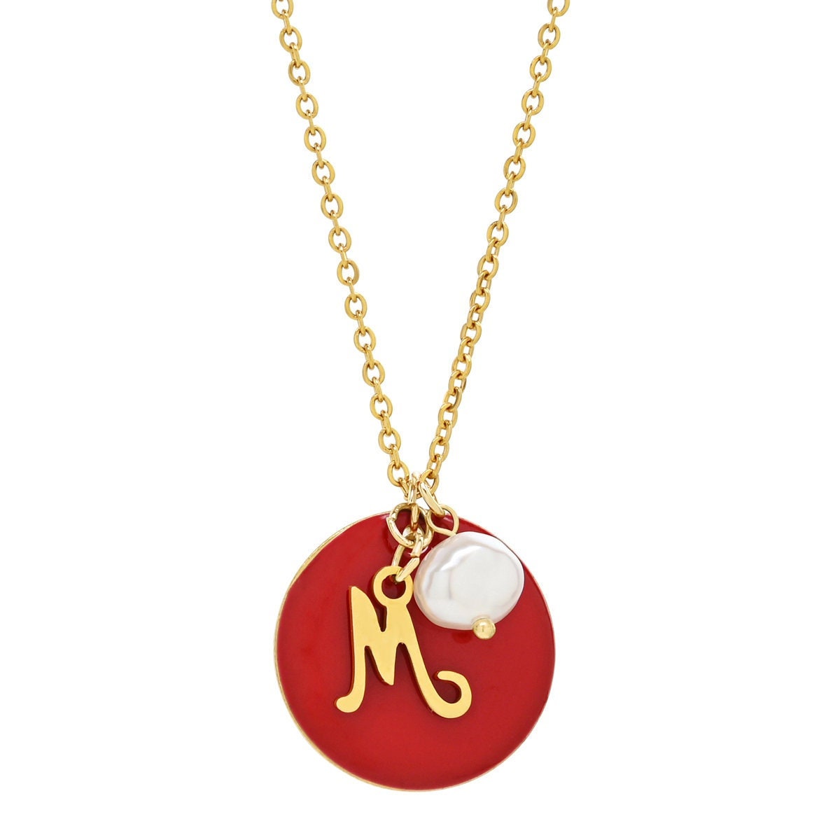 "Le Délice" Waterproof "Imperméable” Personalized Initial Enamel and Pearl Script Necklace - Red