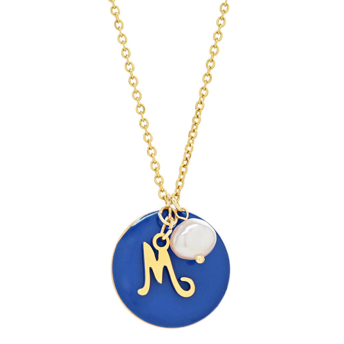 "Le Délice" Waterproof "Imperméable” Personalized Initial Enamel and Pearl Script Necklace - Blue