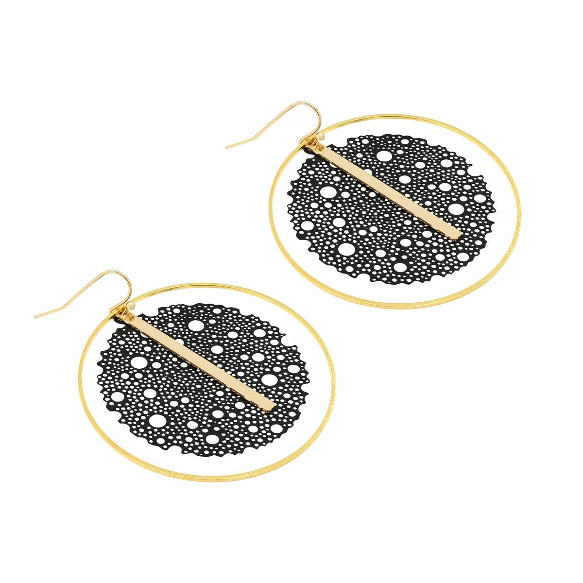 "Le Motif" Black & Gold Mesh and Vertical Bar Drop Hoop Earrings