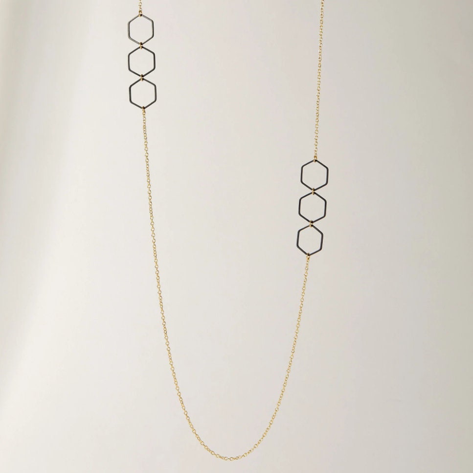 "Le Contour" Layered Black & Gold Hexagon Necklace Bundle