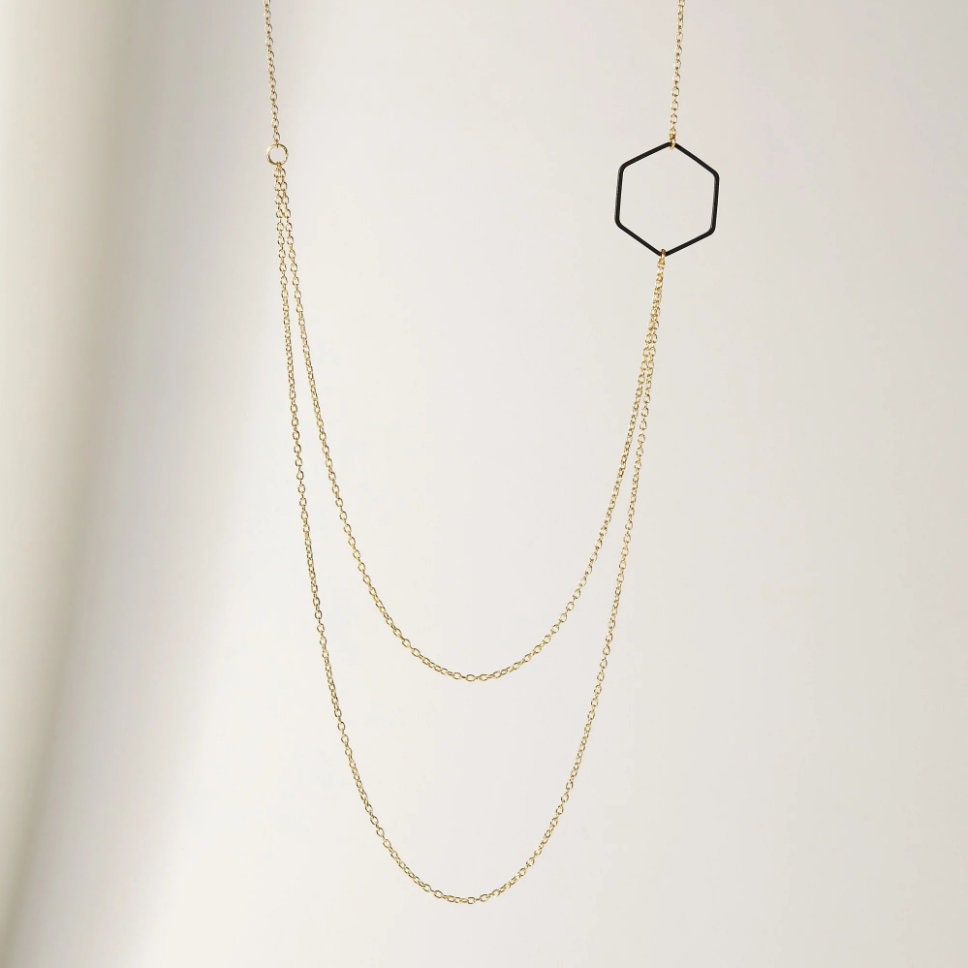 "Le Contour" Layered Black & Gold Hexagon Necklace Bundle