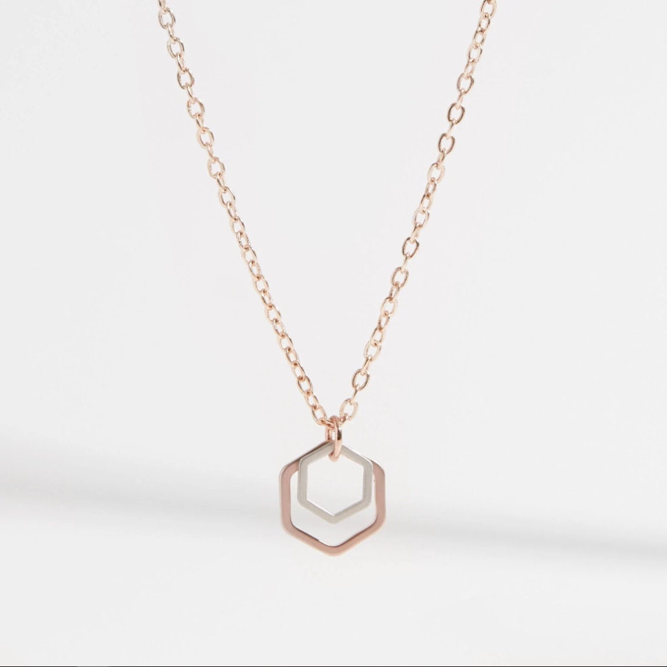 "Le Contour" Mini Hexagon Rose Gold and Silver Mixed Metal Necklace Bundle