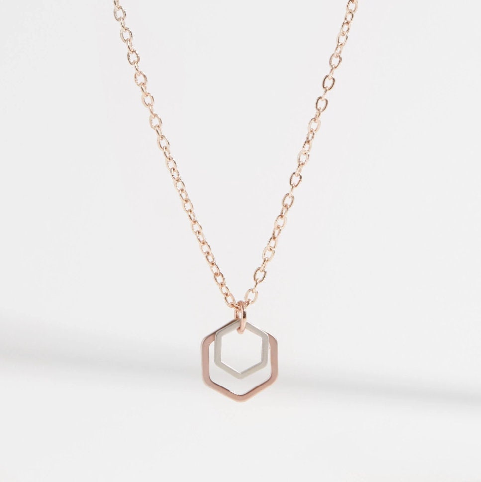"Le Contour" Mini Hexagon Rose Gold and Silver Mixed Metal Necklace Bundle